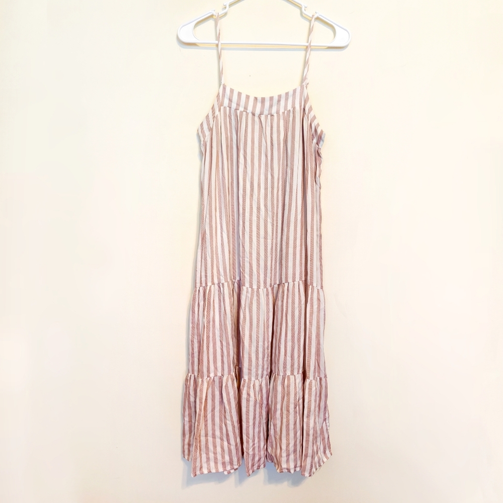 Beige and White Striped Tiered Dress